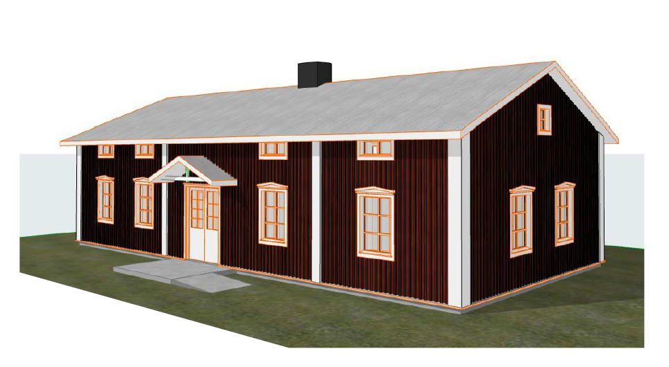 Skiss av nya personalbyggnaden i stil av en Norrbottensgård.
