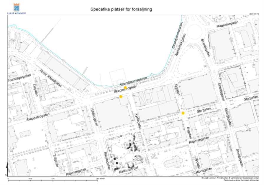 Karta med utmarkerade torgplatser i Luleå centrum