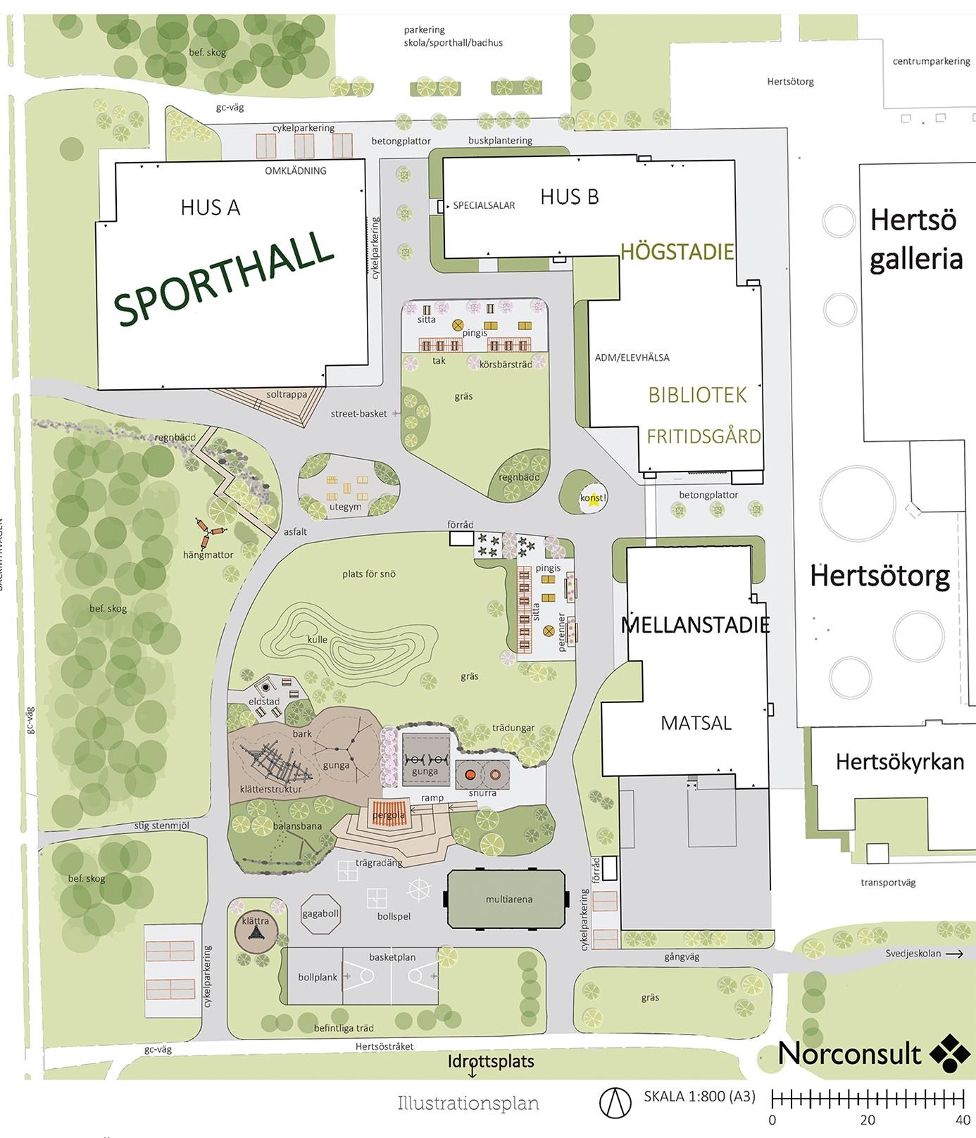 Så här ser illustrationsplanen ut för skolgården på Hertöns nya skola.