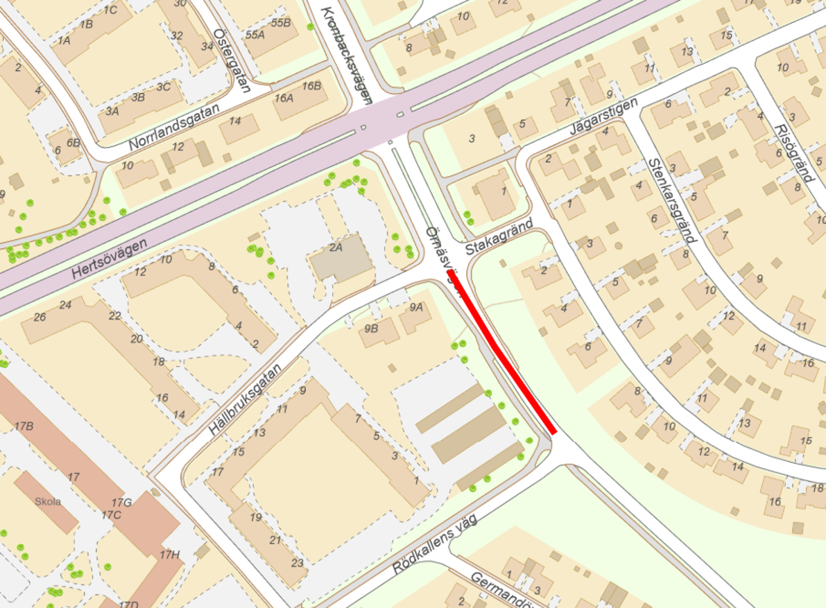 Karta som visar var cykelpassagen över Örnäsvägen ska byggas.