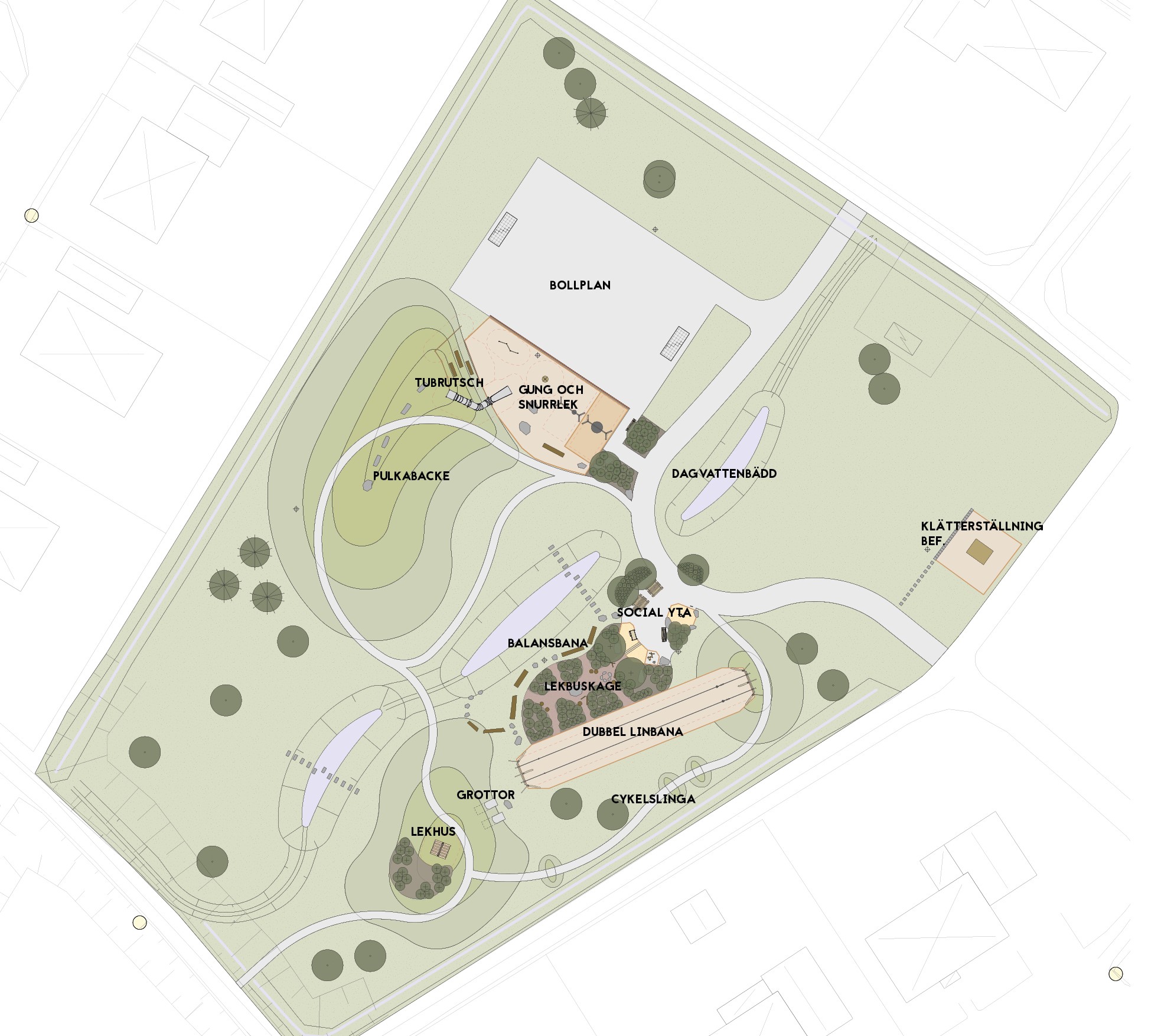 Skiss över Rödklöverstigens framtida utformning av lekplatsen.