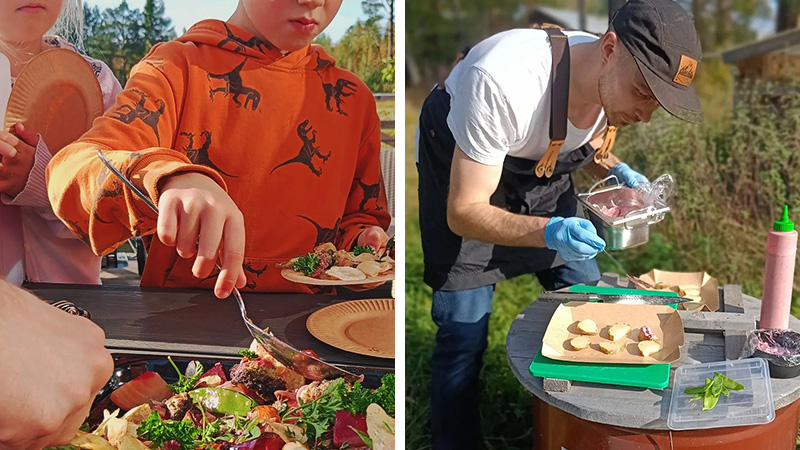 Vänster: Barn från Benzeliusskolan besöker odlare i Bensbyn. Höger: Kock gör snittar.