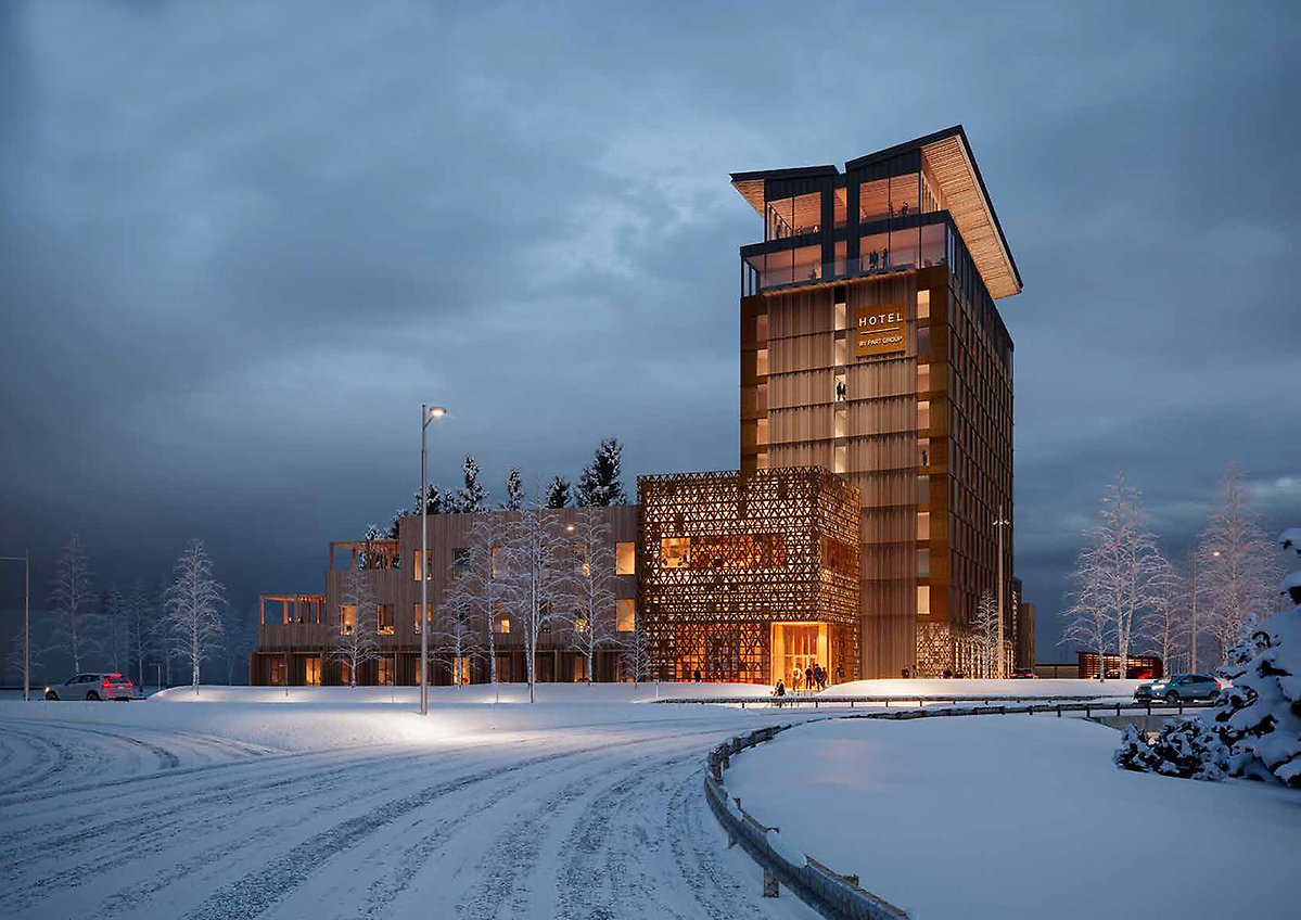 Vy över planerat hotell med mera från Mjölkuddsrondellen.