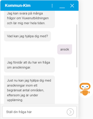 Bilden visar SYV-Kims svar på frågan Ansök. Kim förstår att du har en fråga som handlar om ansök och kan hjälpa dig med ett begränsat antal områden.