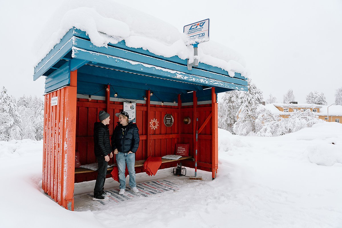 The bus stop in central Niemisel is decorated by local residents to reflect the changing seasons and holidays throughout the year.